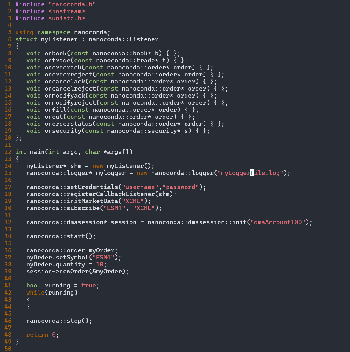 Nanoconda C++ API - sample strategy code